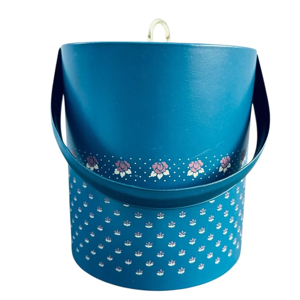 Georges Briard Vintage Ice Bucket Blue Floral Rose Vinyl MCM Barware with Lid